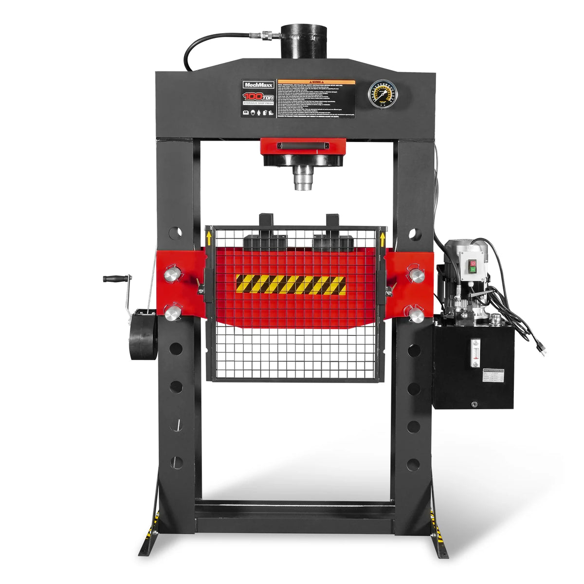 MechMaxx 100 Ton H-Frame Electric Hydraulic Shop Press with Hand Winch, 110V Motor, Fully Welded Steel Frame, Safety Guard, HSP100E
