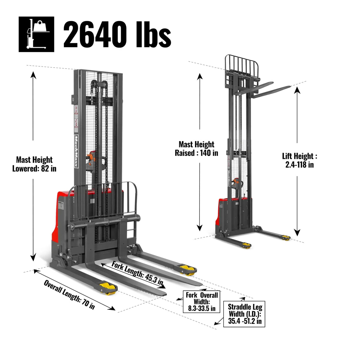 MechMaxx 2640lbs Electric Straddle Stacker, 118" Lift, Adjustable Legs & Forks, F26-118SLA - view 5
