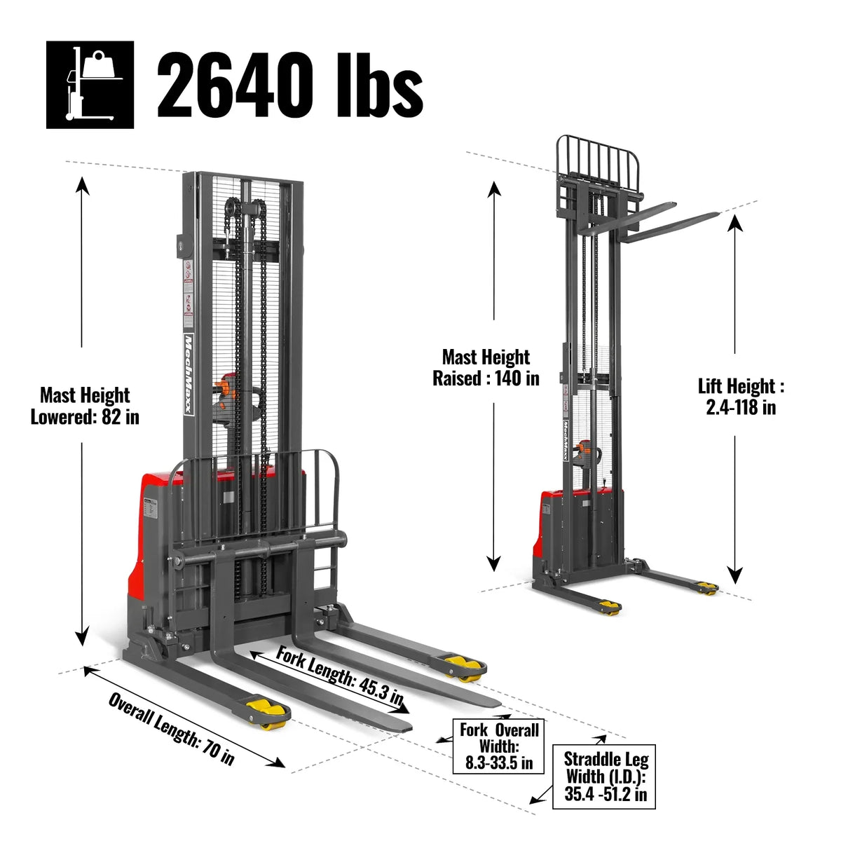 MechMaxx 2640lbs Electric Straddle Stacker, 118" Lift, Adjustable Legs & Forks, F26-118SLA - view 5