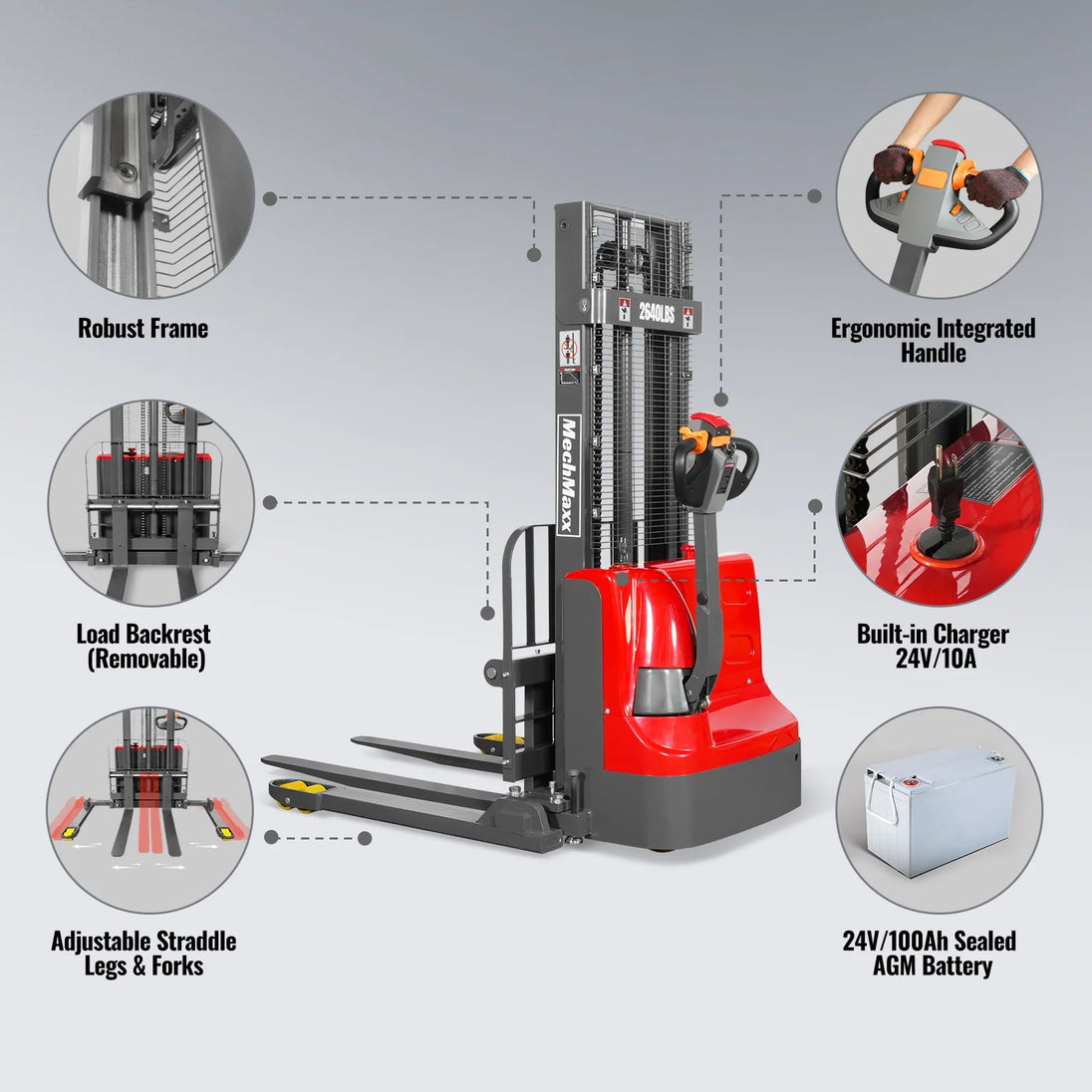 MechMaxx 2640lbs Electric Straddle Stacker, 98" Lift, Adjustable Legs & Forks, F26-98SLA - view 6