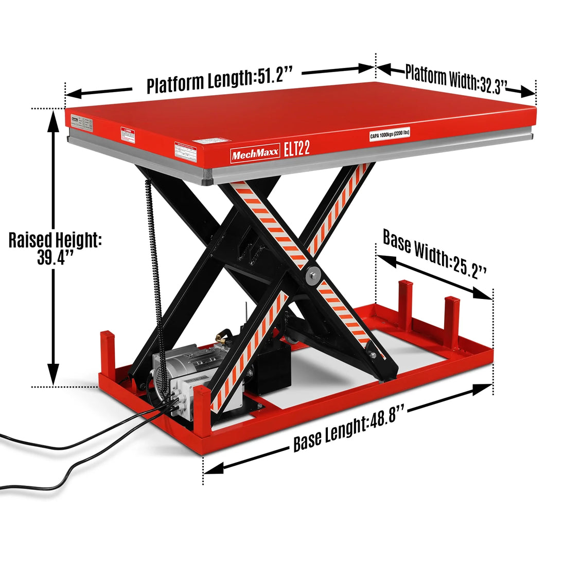 MechMaxx 2200lb Capacity Stationary Electric Hydraulic Lift Table , 51.2" x 32.3" Platform, 39.4" Lift Height , UL Certified Motor, ELT22 - view 2
