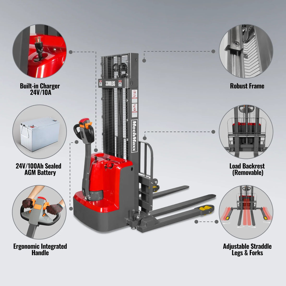 MechMaxx 3300lbs Electric Straddle Stacker, 98" Lift, Adjustable Legs & Forks, F33-98SLA - view 6