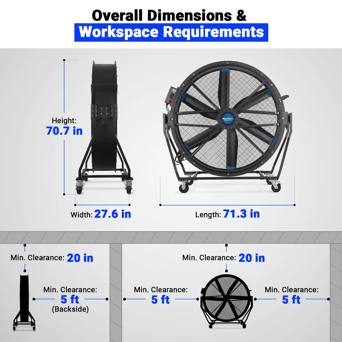 MechMaxx 59" Portable Industrial Floor Fan, Tiltable — Variable-Speed PMSM Motor