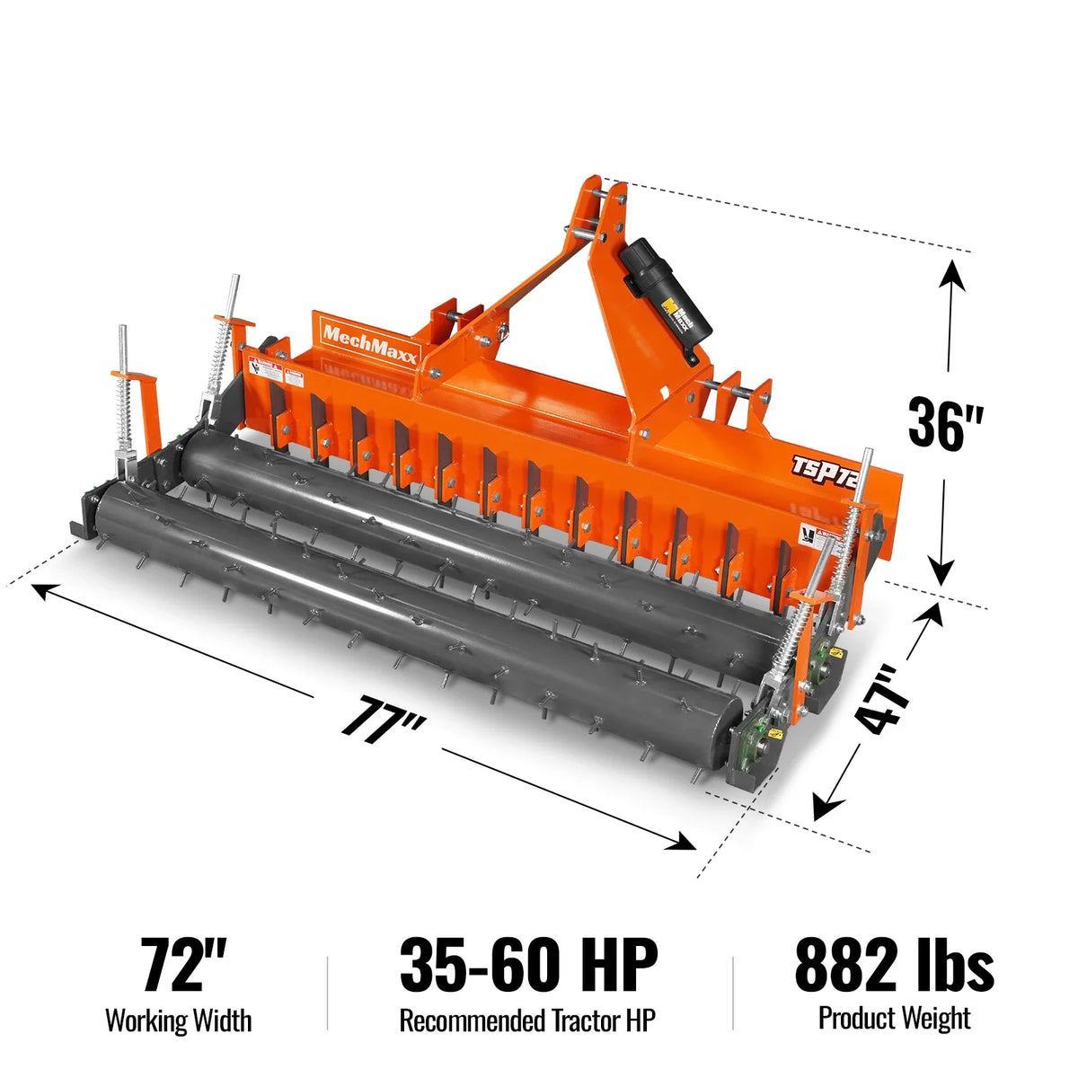 MechMaxx 72" Heavy Duty Soil Pulverizer, Double Spiked Roller, 25 Shanks, Category 1 and 2, 3 Point Hitch Tractor Attachment, TSP72D - view 2