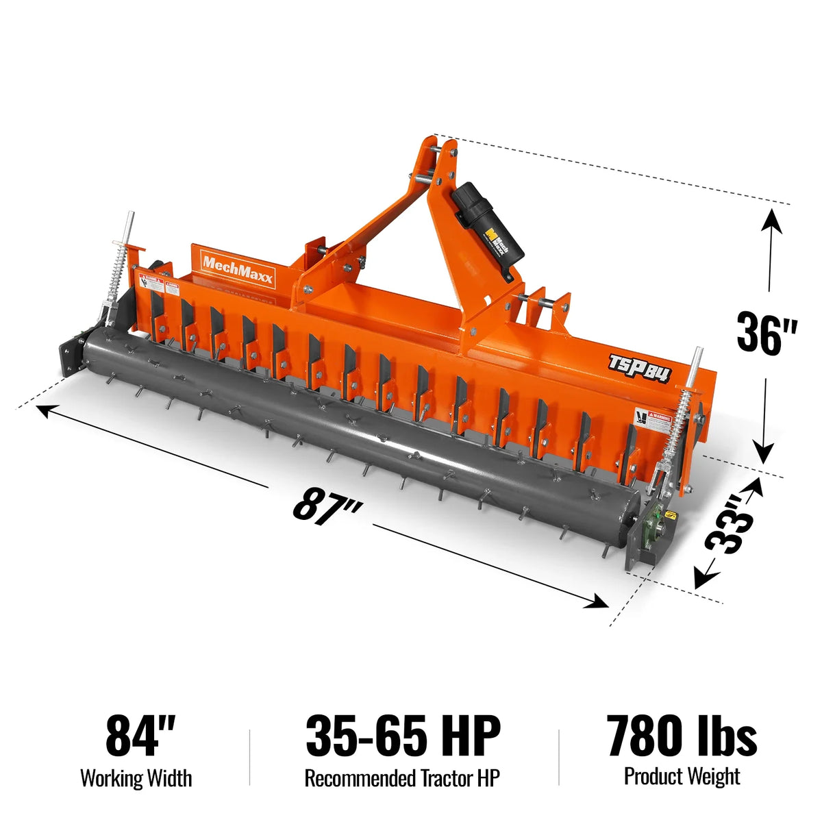 MechMaxx 84" Heavy Duty Soil Pulverizer, Single Spiked Roller, 29 Shanks, Category 1 and 2, 3 Point Hitch Tractor Attachment, TSP84 - view 2
