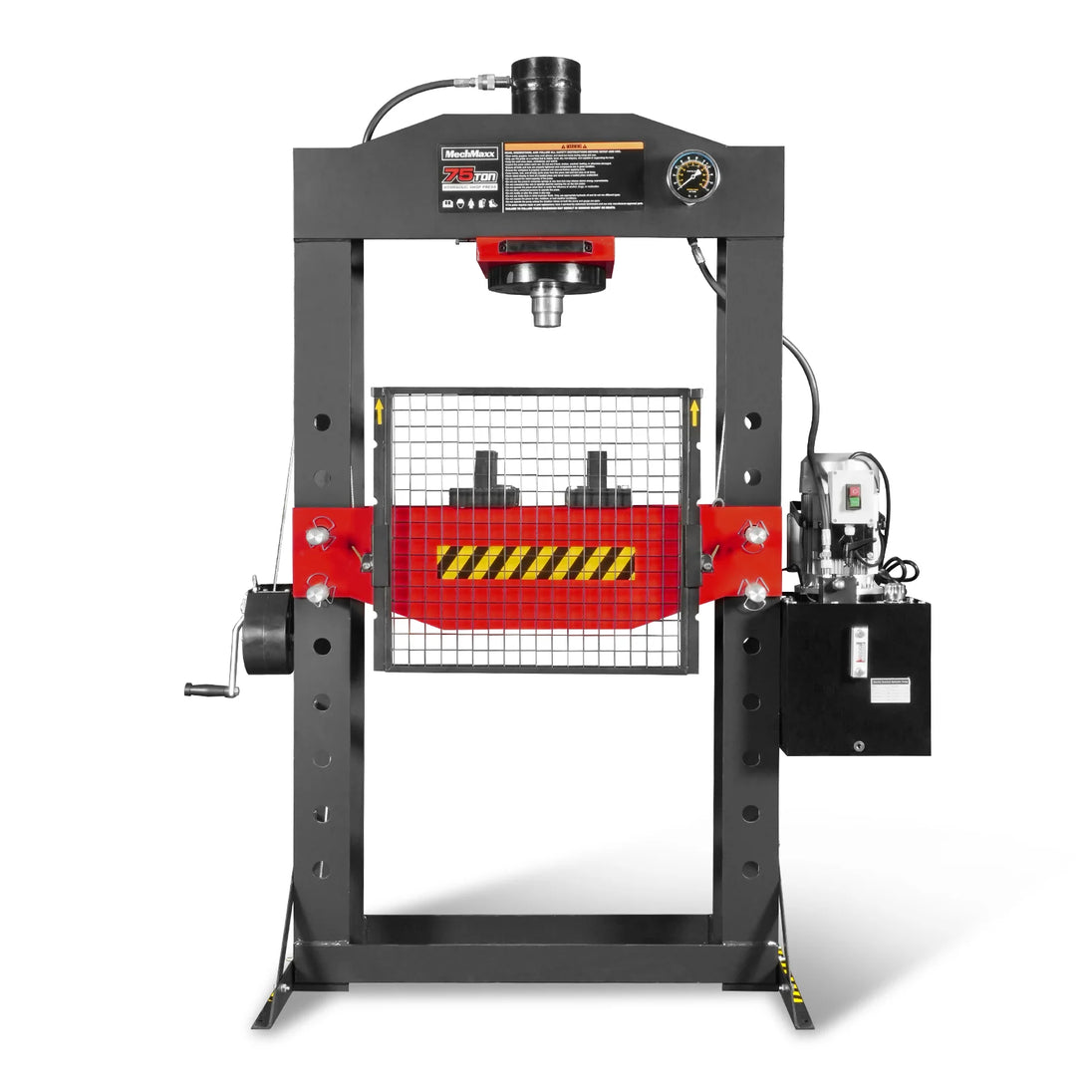 MechMaxx 75 Ton H-Frame Electric Hydraulic Shop Press with Hand Winch, 110V Motor, Fully Welded Steel Frame, Safety Guard, HSP75E