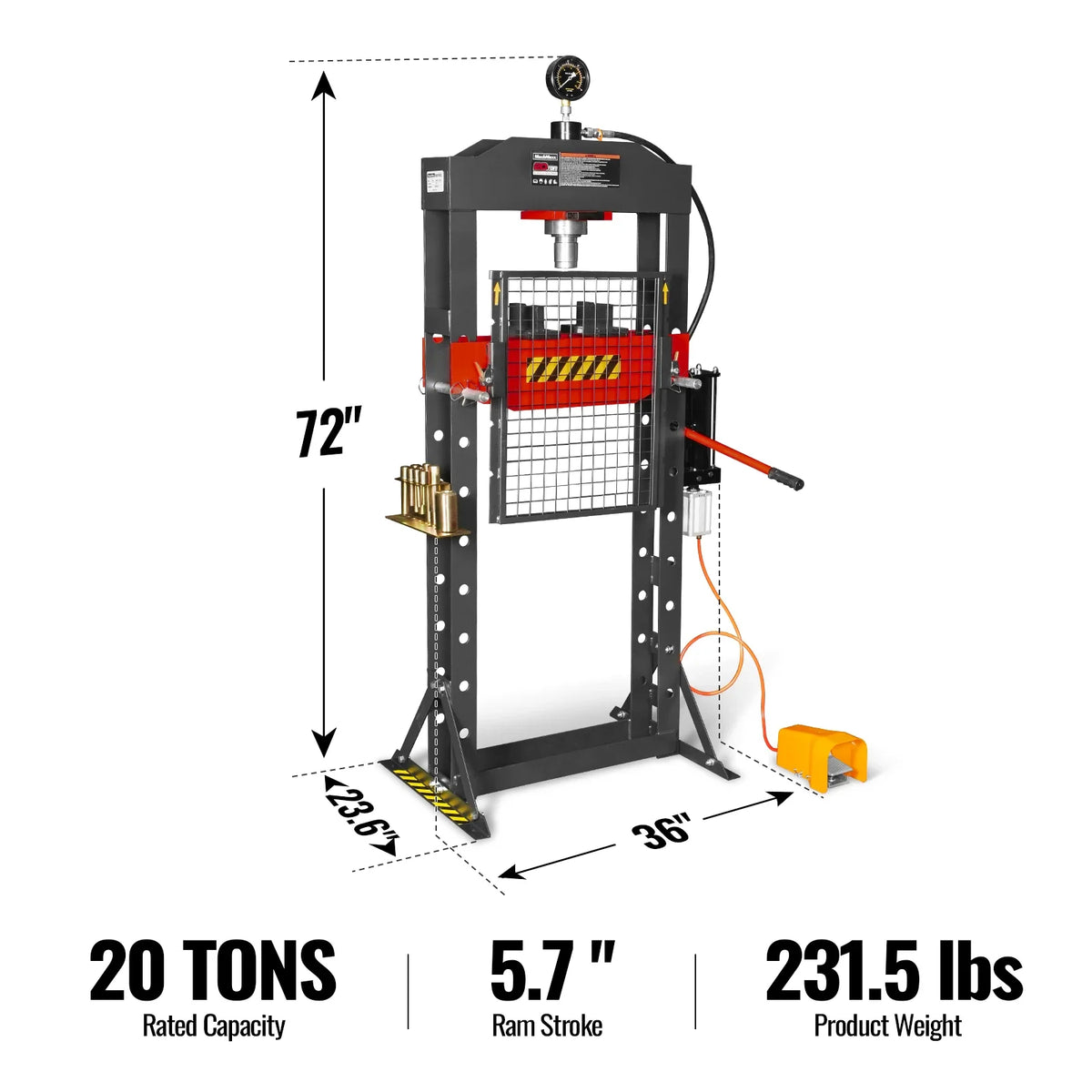 MechMaxx 20 Ton H-Frame Air/Hydraulic Shop Press with Press Pin Kit, Fully Welded Steel Frame, Safety Guard, Foot Pedal Control, HSP20 - view 2