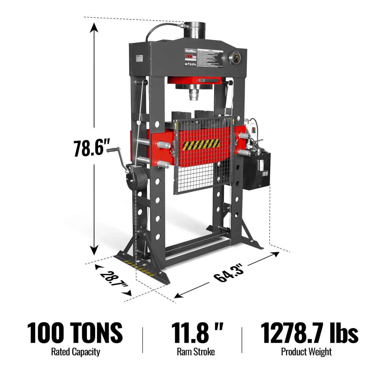 MechMaxx 100 Ton H-Frame Electric Hydraulic Shop Press with Hand Winch, 110V Motor, Fully Welded Steel Frame, Safety Guard, HSP100E - view 2