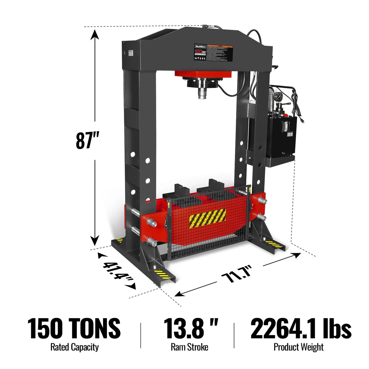 MechMaxx 150 Ton H-Frame Electric Hydraulic Shop Press with Double-Acting Cylinder & Chain-Driven Table Lift, 110V Motor, Fully Welded Steel Frame, Safety Guard, HSP150E - view 2
