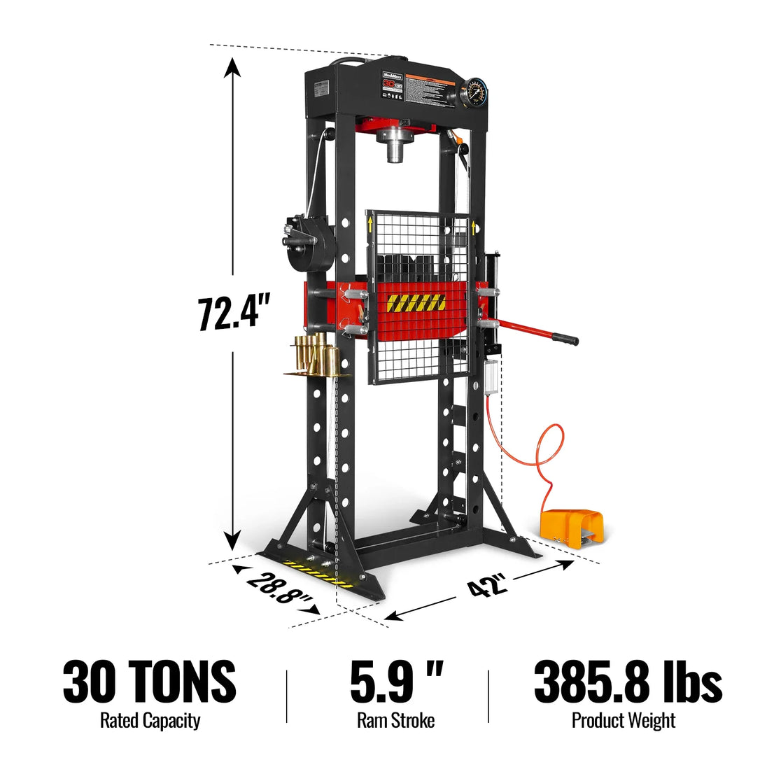 MechMaxx 30 Ton H-Frame Air/Hydraulic Shop Press with Hand Winch & Press Pin Kit, Fully Welded Steel Frame, Safety Guard, Foot Pedal Control, HSP30 - view 2