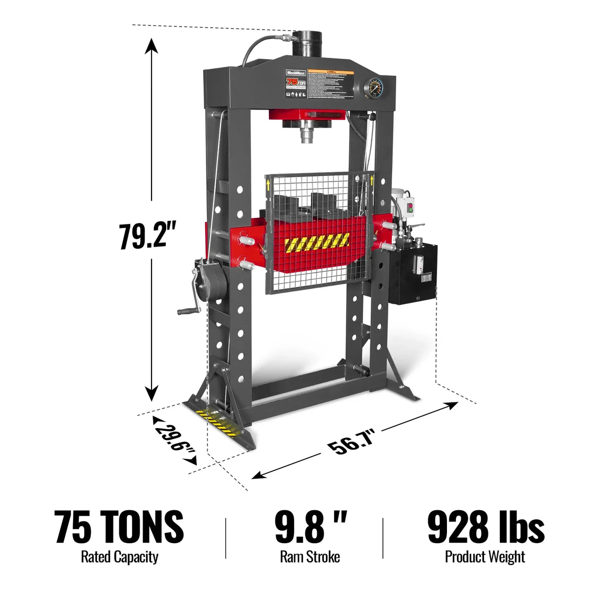 MechMaxx 75 Ton H-Frame Electric Hydraulic Shop Press with Hand Winch, 110V Motor, Fully Welded Steel Frame, Safety Guard, HSP75E - view 2