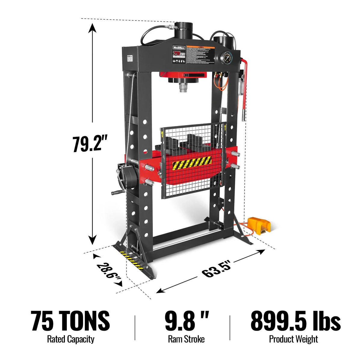 MechMaxx 75 Ton H-Frame Air/Hydraulic Shop Press with Hand Winch, Fully Welded Steel Frame, Safety Guard, Foot Pedal Control, HSP75 - view 2