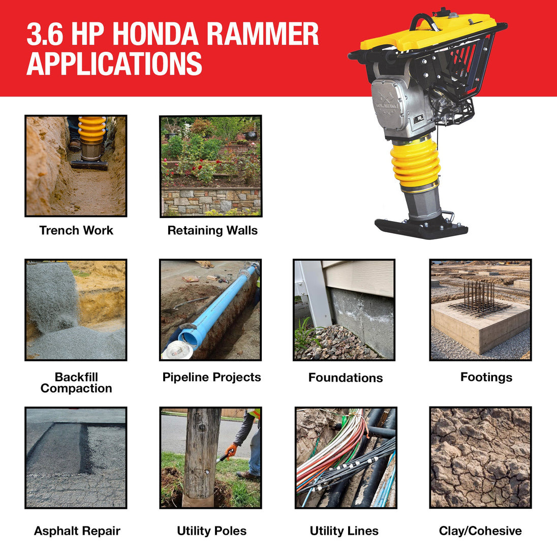 3.6HP Honda Vibratory Rammer Jumping Jack Tamper with Honda GXR120 Engine Impact Force 3,550 lbs/ft - view 13