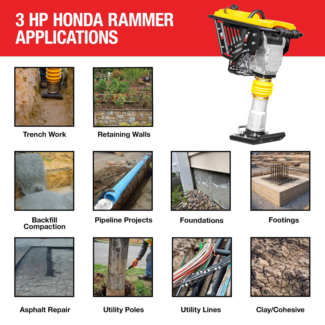 3 HP Honda Vibratory Rammer Tamper with Honda GX100 Engine 3350 lbs/ft - view 15