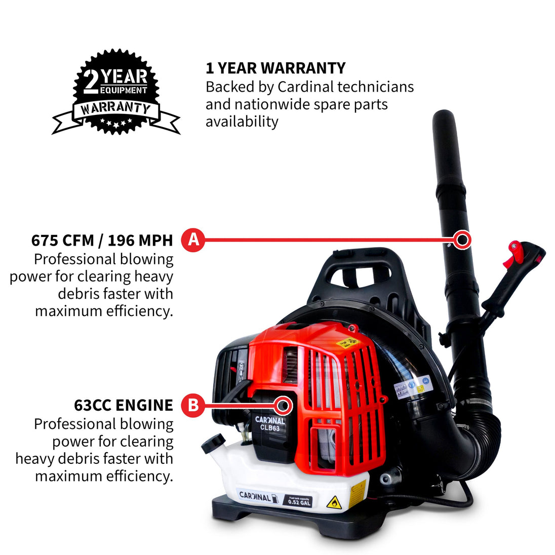 Cardinal 63.3cc Backpack Leaf Blower 675 CFM 196 MPH Gas Powered Professional Lawn Care Landscaping Yard Cleanup - view 3