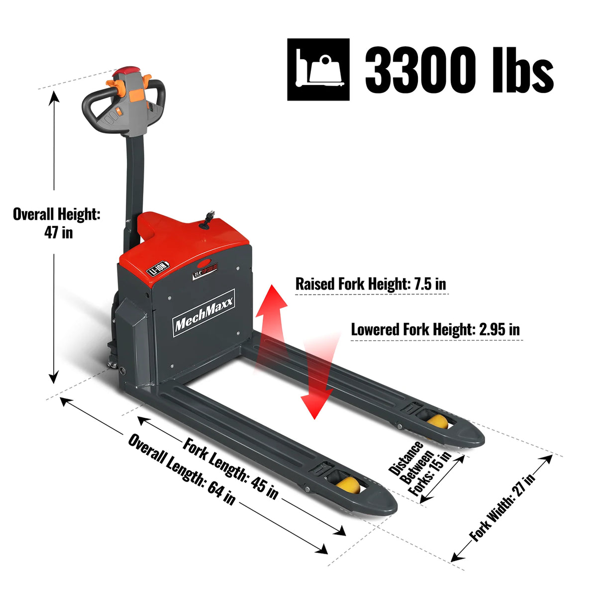 MechMaxx 3300lbs Lithium-ion Electric Pallet Jack, 45"x27" Fork, 24V 40Ah Battery, Walkie Type Truck, EPT33 - view 5