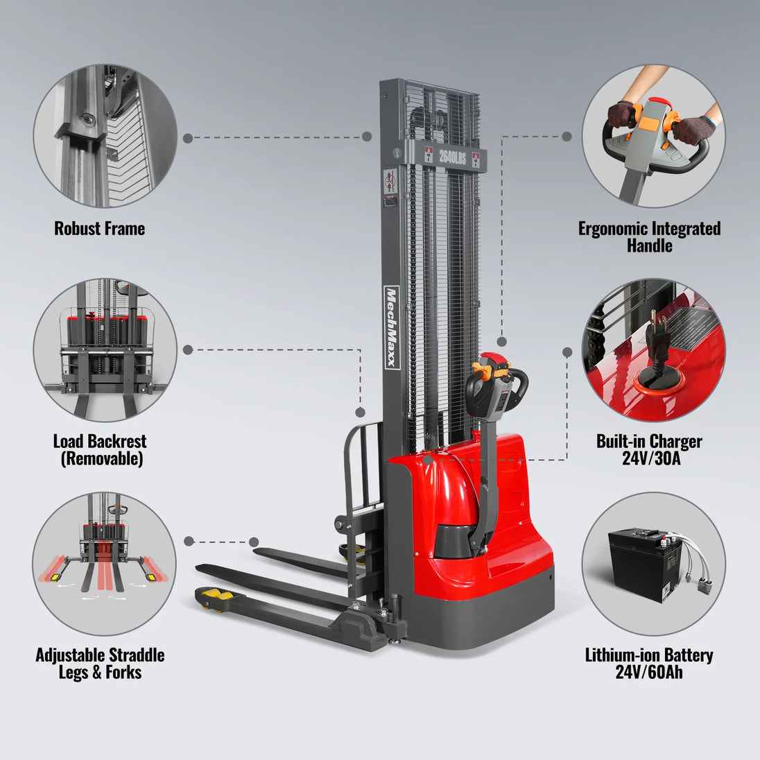 MechMaxx 2640lbs Lithium-ion Electric Straddle Stacker, 138" Lift, Adjustable Legs & Forks, F26-138S - view 6