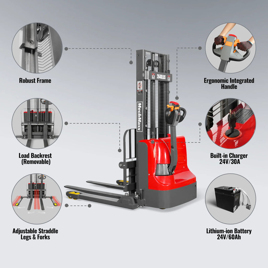 MechMaxx 2640lbs Lithium-ion Electric Straddle Stacker, 98" Lift, Adjustable Legs & Forks, F26-98S - view 6