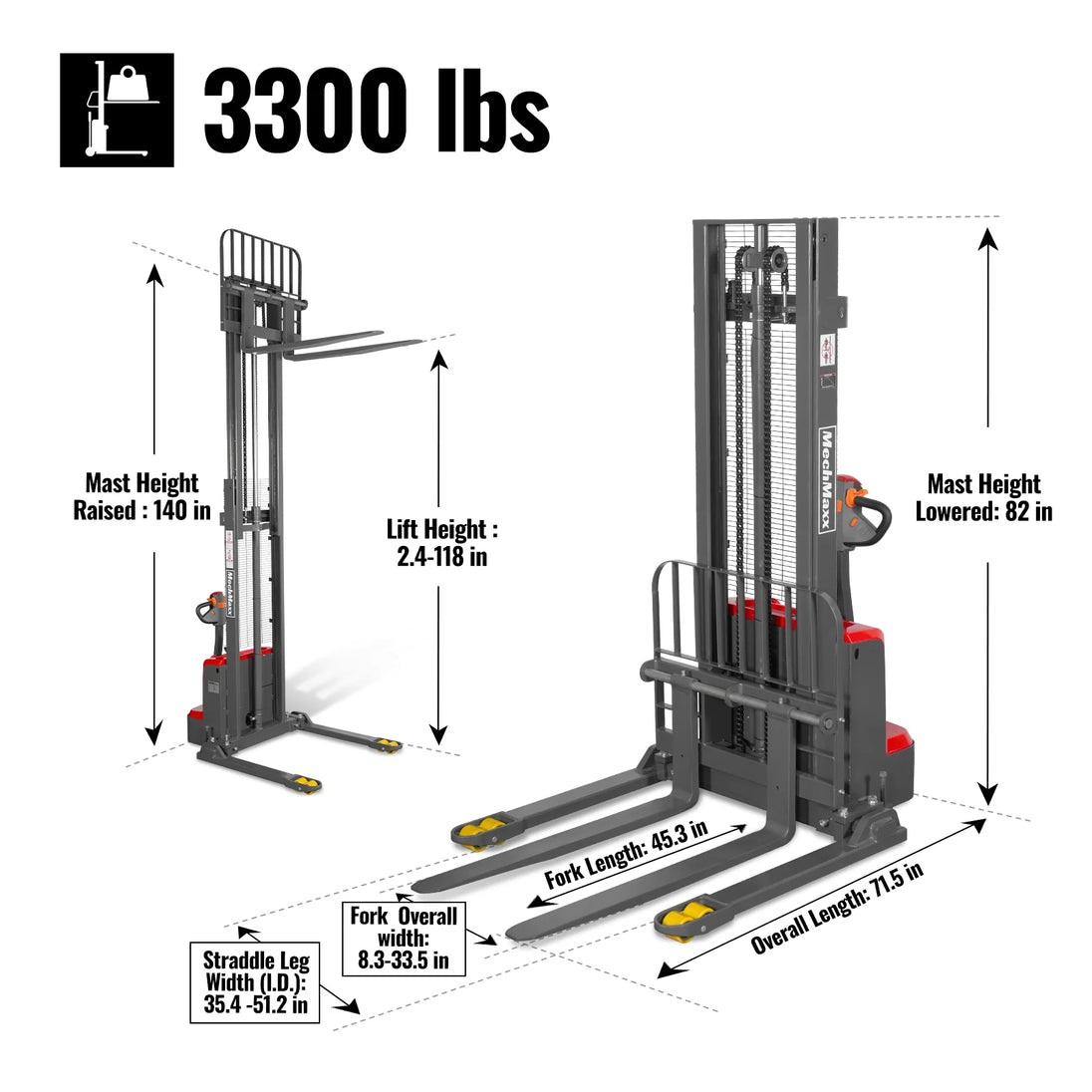MechMaxx 3300lbs Lithium-ion Electric Straddle Stacker, 118" Lift, Adjustable Legs & Forks, F33-118S - view 5
