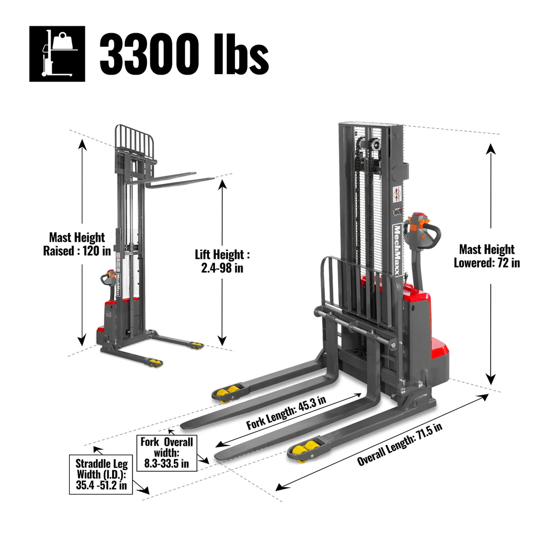 MechMaxx 3300lbs Electric Straddle Stacker, 98" Lift, Adjustable Legs & Forks, F33-98SLA - view 5