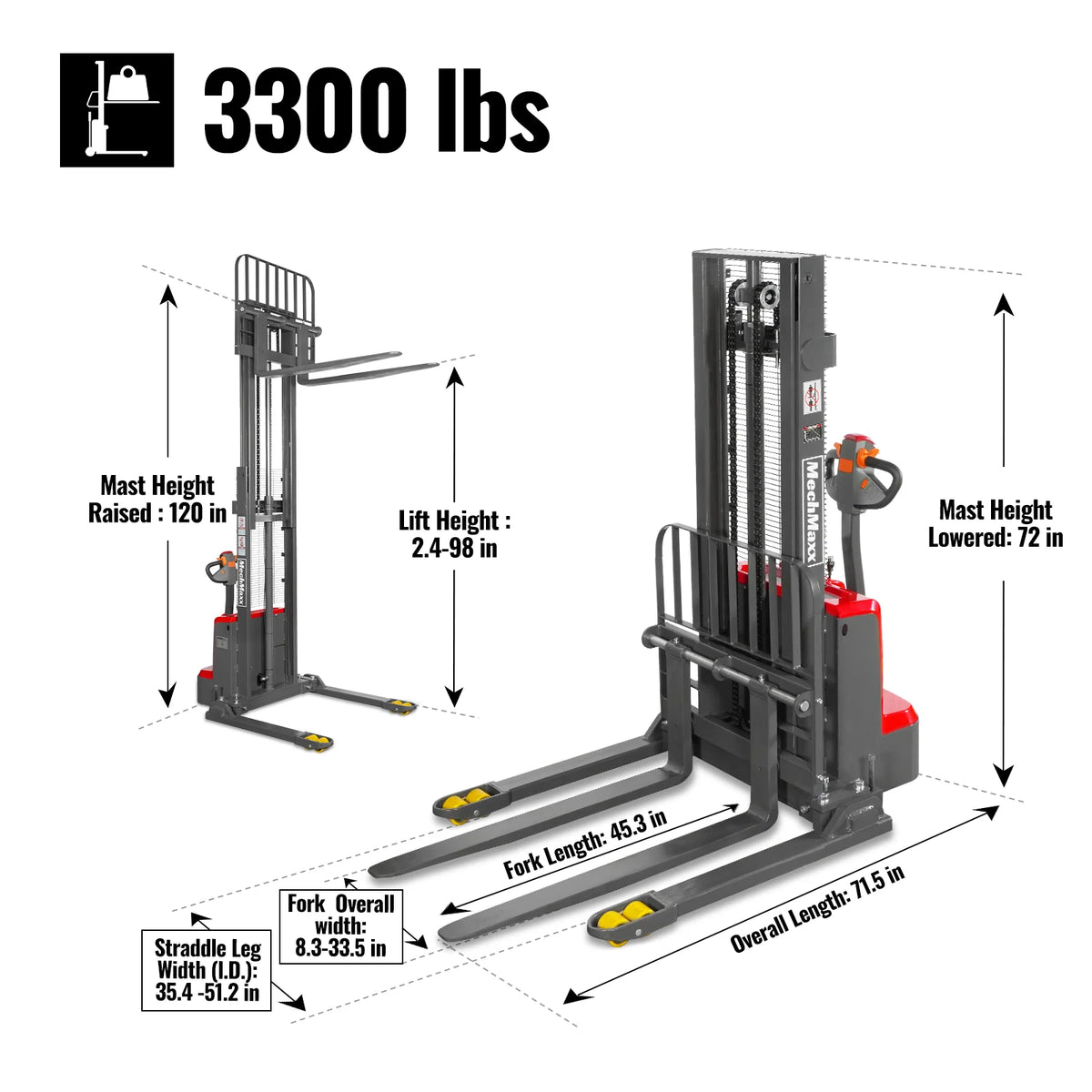 MechMaxx 3300lbs Lithium-ion Electric Straddle Stacker, 98" Lift, Adjustable Legs & Forks, F33-98S - view 5