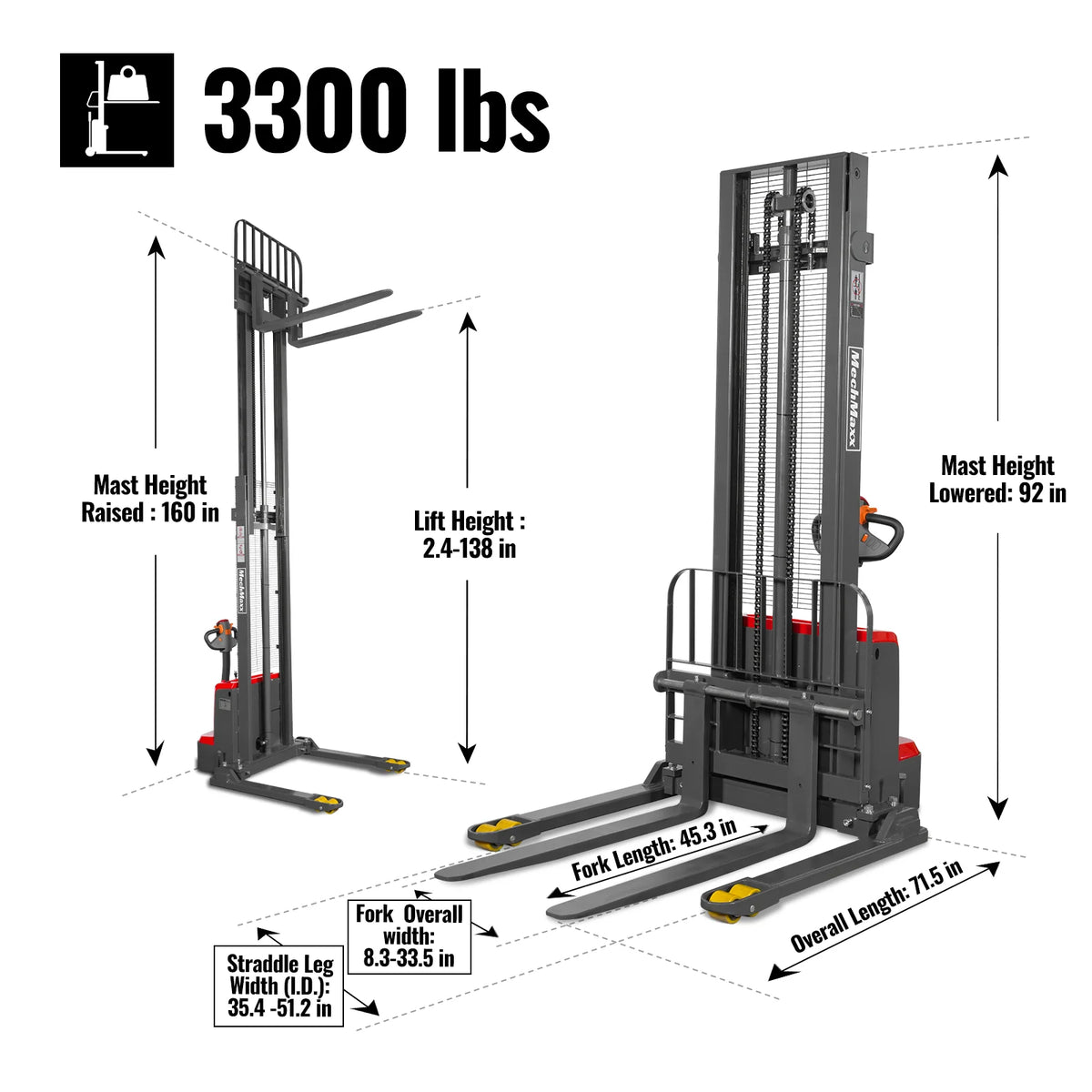 MechMaxx 3300lbs Lithium-ion Electric Straddle Stacker, 138" Lift, Adjustable Legs & Forks, F33-138S - view 5
