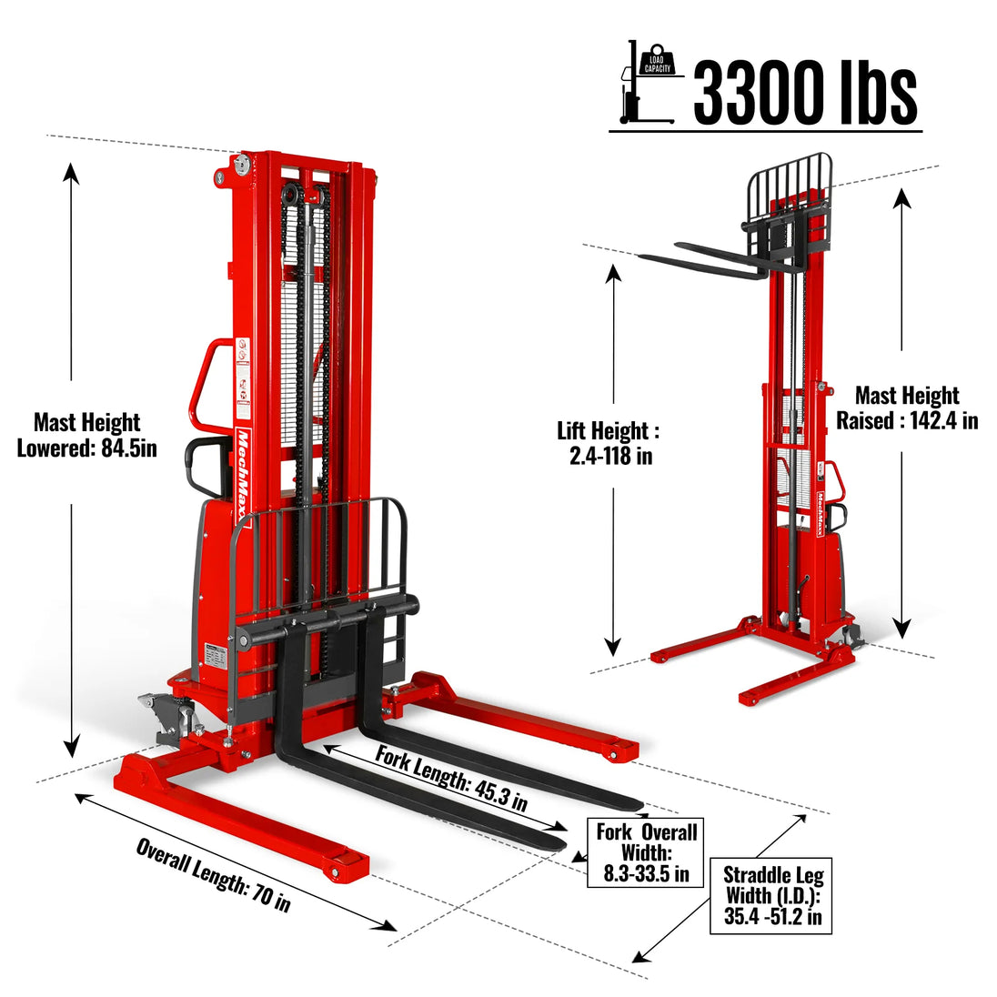MechMaxx 3300lbs Semi-Electric Straddle Stacker, 118" Lift, Adjustable Legs & Forks, S33-118S - view 2