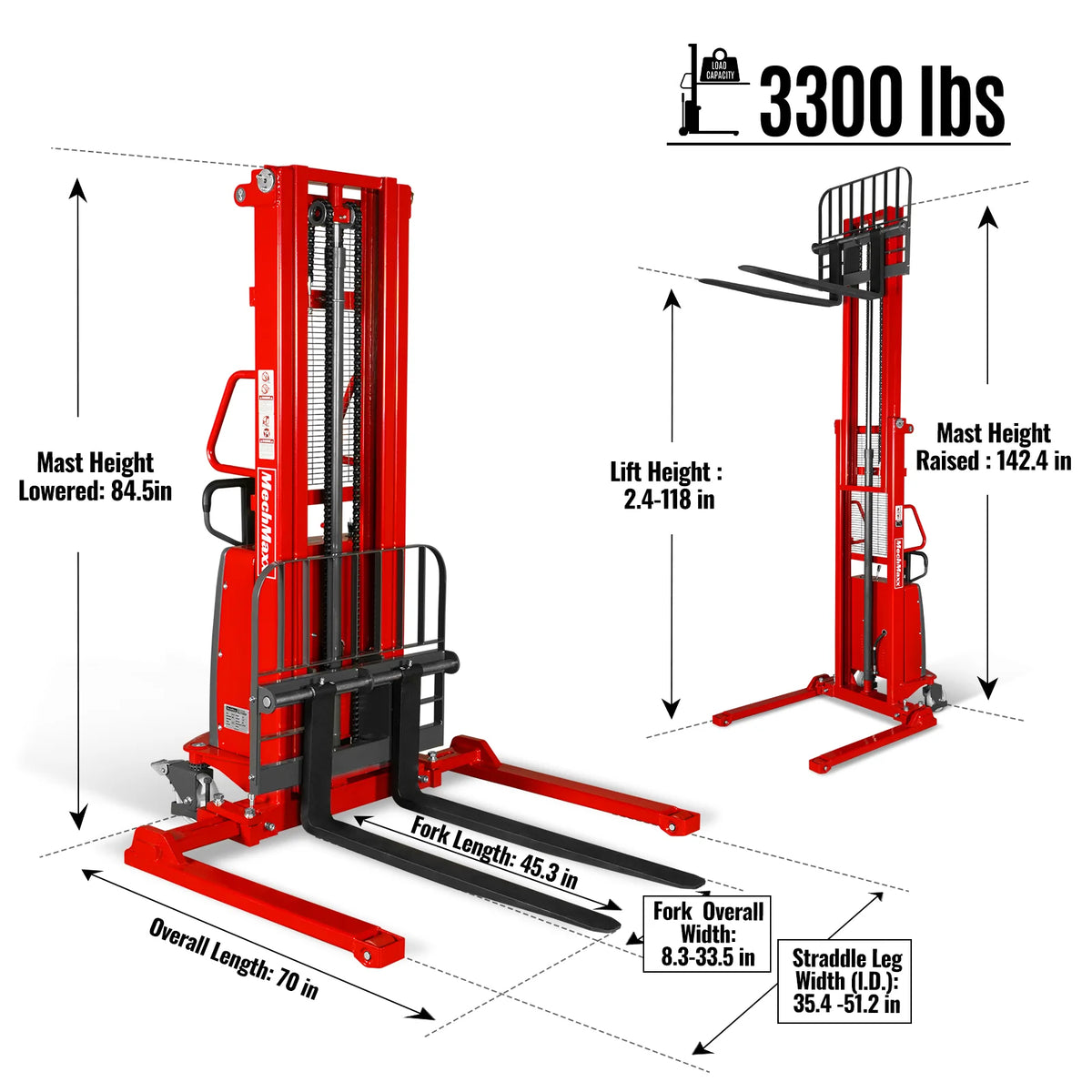 MechMaxx 3300lbs Semi-Electric Straddle Stacker, 118" Lift, Adjustable Legs & Forks, S33-118S - view 2