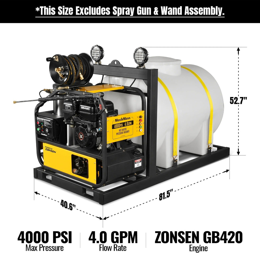 MechMaxx 4000 PSI 4 GPM ZONSEN E-Start Engine Hot Water Pressure Washer Skid Mounted with 245 Gal Tank, HPW40DBT - view 2