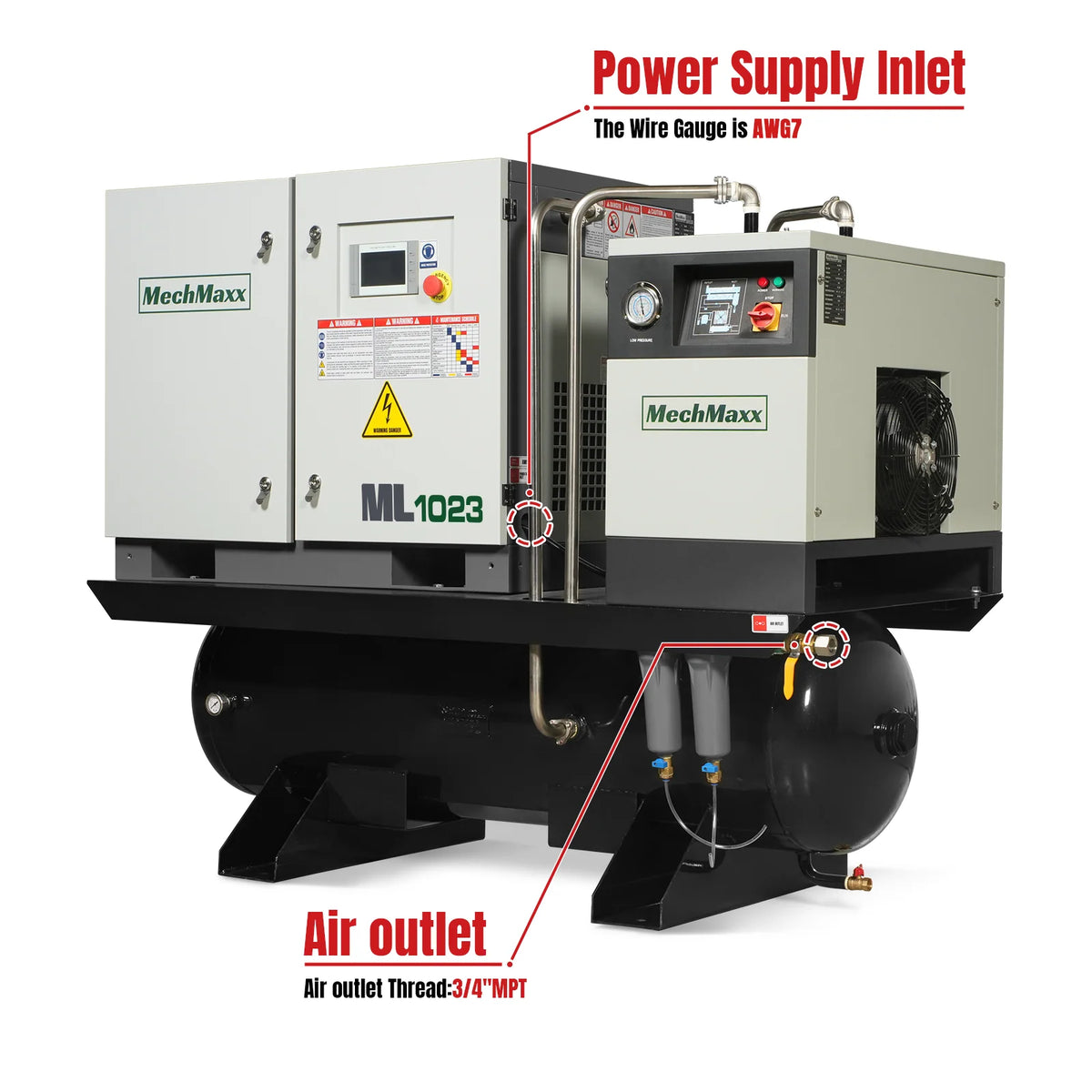 MechMaxx 10HP Combined Rotary Screw Air Compressor with Dryer & 66-Gal ASME Tank | 32 CFM, 116 PSI, 230V 3-Phase - Industrial Grade - view 2