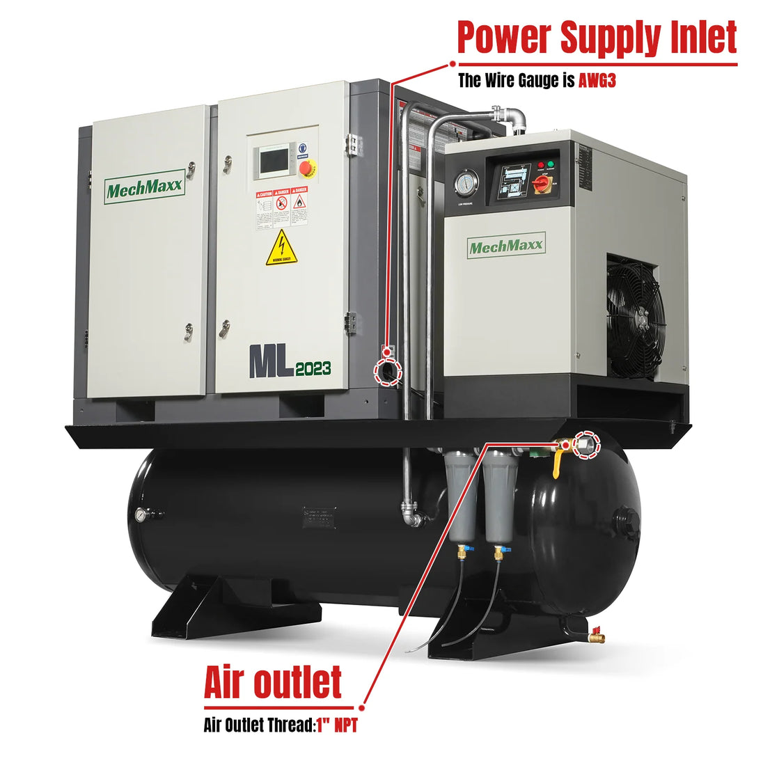 MechMaxx 20HP Combined Rotary Screw Air Compressor with Dryer & 105-Gal ASME Tank | 78 CFM, 116 PSI, 230V 3-Phase - Industrial Grade - view 2
