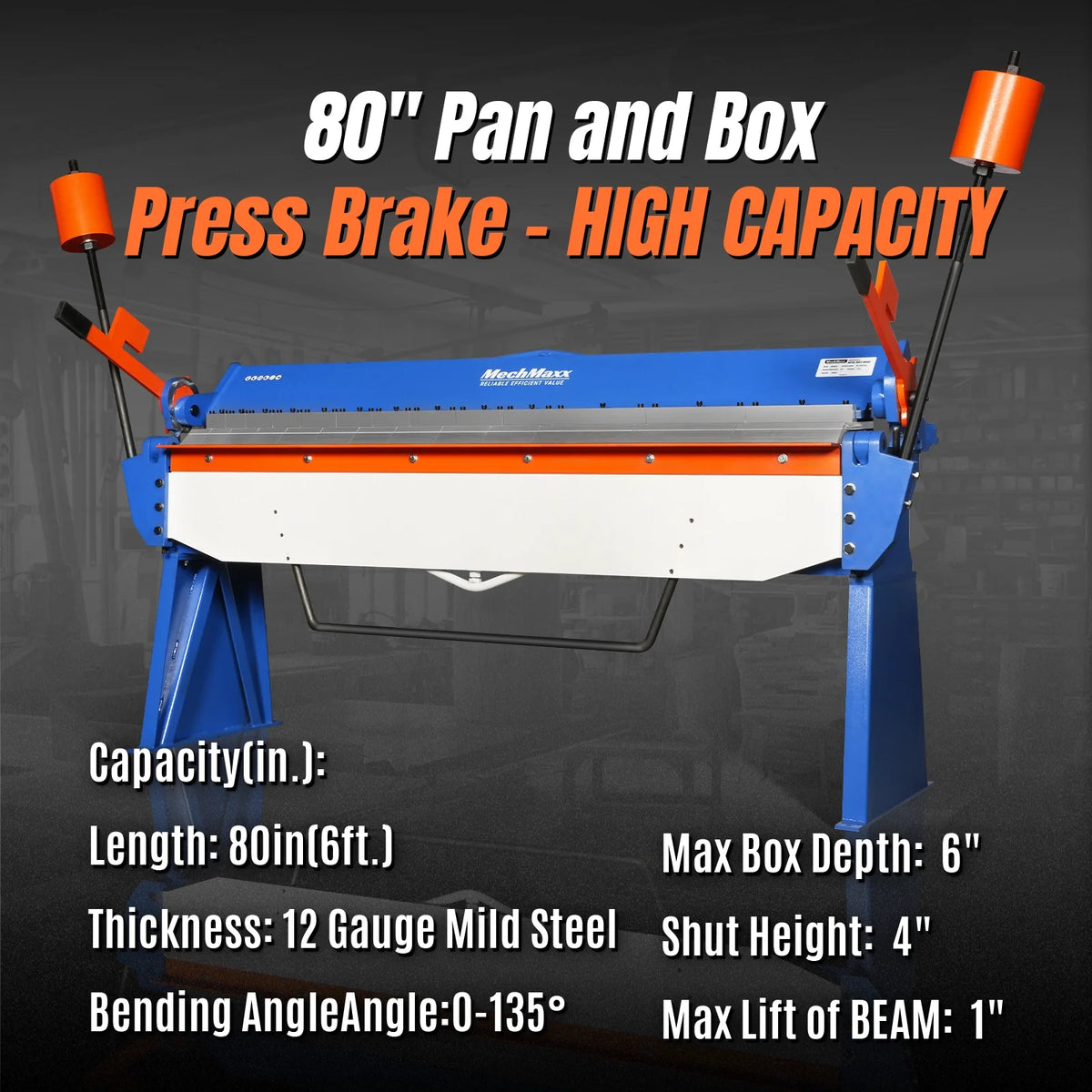 MechMaxx 80-inch Manual Sheet Metal Brake - 12 Gauge Bending Capacity, Adjustable Fingers, 6 Ft. Heavy-Duty Steel Construction for Precision Bending PB8012 - view 2