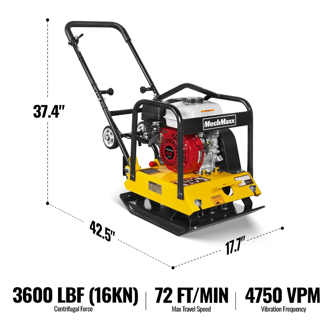 MechMaxx Honda GX160 Vibratory Plate Compactor with Wheel Kit, 3600 lb Centrifugal Force for Soil, Gravel, Asphalt and Paver Base, PC90H - view 2
