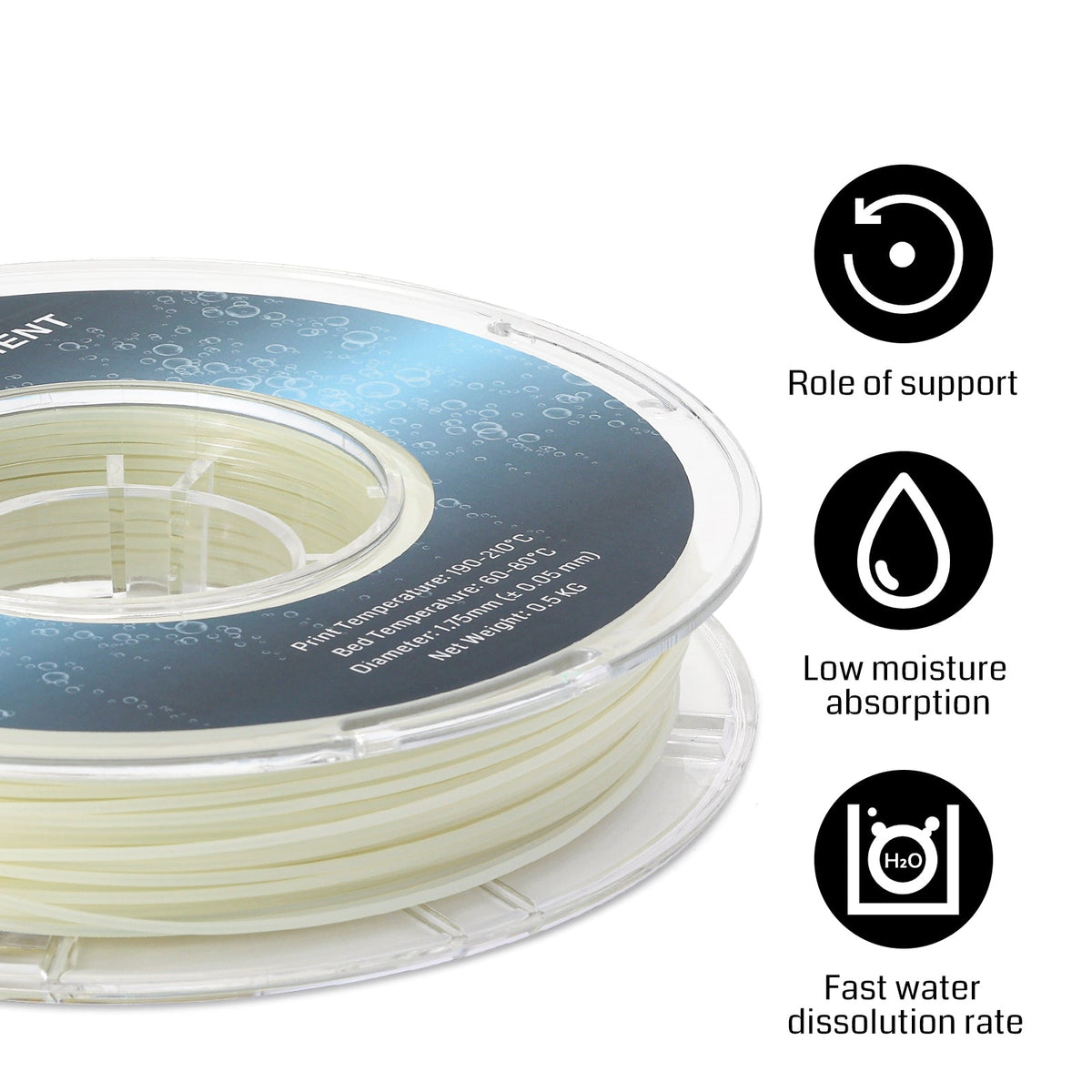 Natural PVA water soluble dissolvable filament 1.75mm