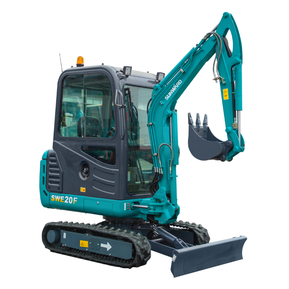 Sunward SWE20F 2-ton mini excavator with enclosed cab, side view