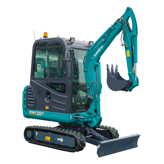 Sunward SWE20F 2-ton mini excavator with enclosed cab, side view