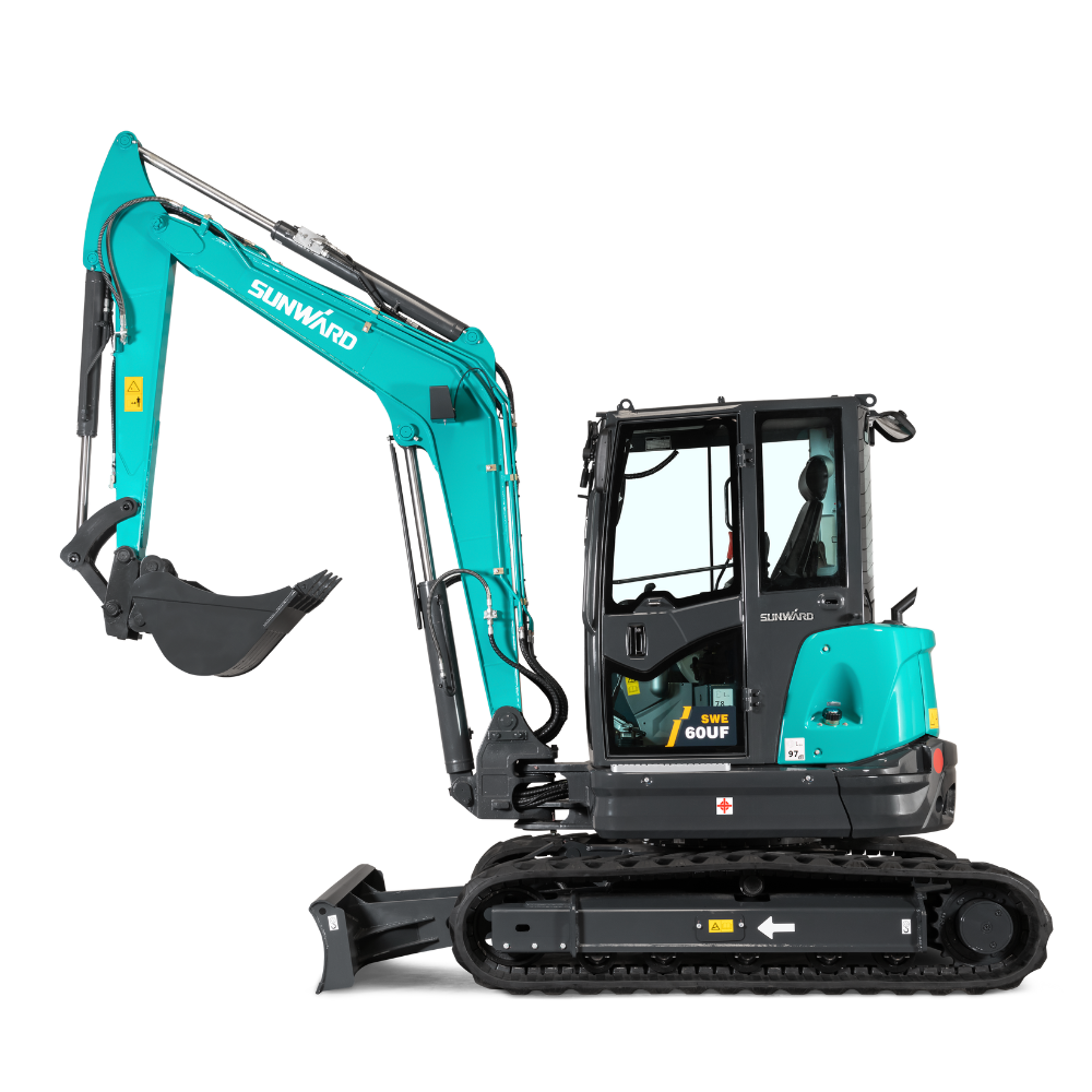 Sunward SWE60UF 6-ton mini excavator with enclosed cab, front three-quarter view