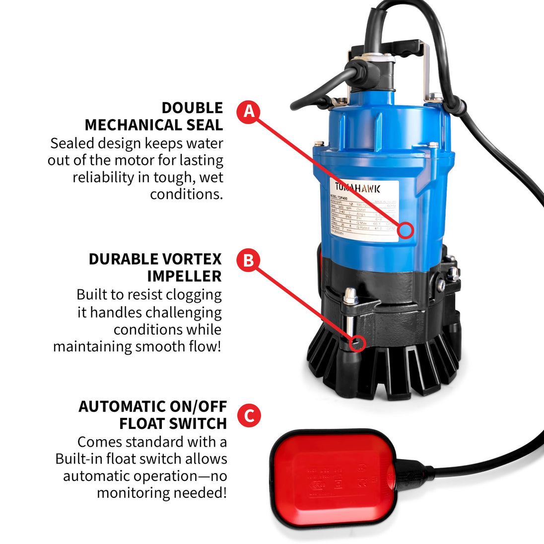 Tomahawk 1/2 HP Submersible Trash Pump, 66 GPM / 3960 GPH, 400W 2" Discharge for Dewatering Flooded Basements, Pools, Irrigation - view 6