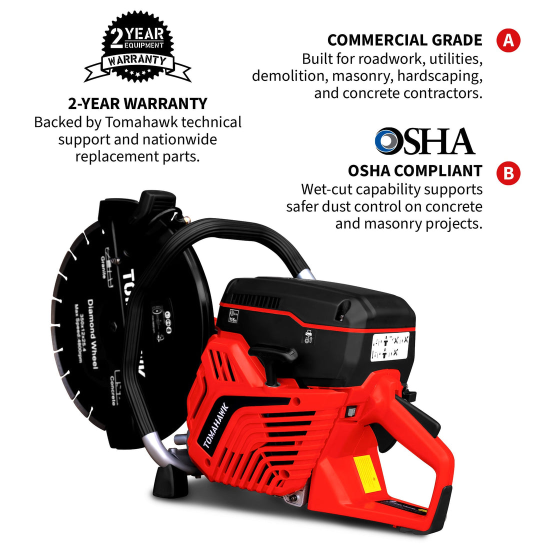 14" Concrete Saw 74cc Handheld Cut-Off Saw 5" Cutting Depth Gas Powered Water Cooling System Commercial Concrete Cutter for Asphalt Masonry Rebar & Roadwork - view 3