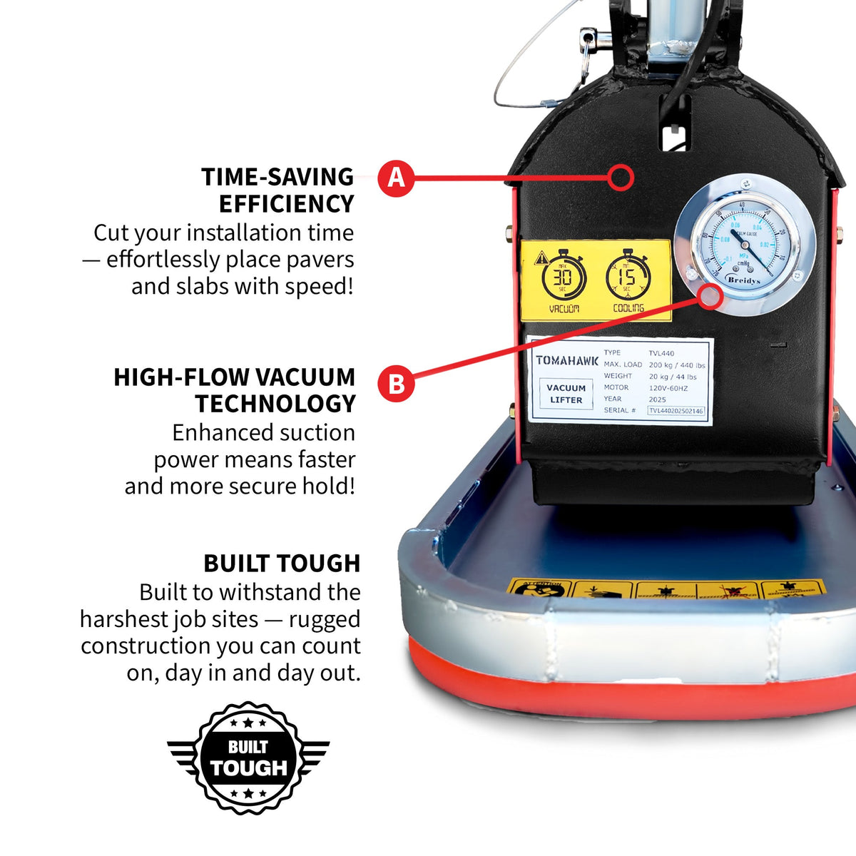 Tomahawk 440 lb Electric Paver Slab Vacuum Lifter 1200W for Hardscaping, Concrete, and Stone Placement - view 6