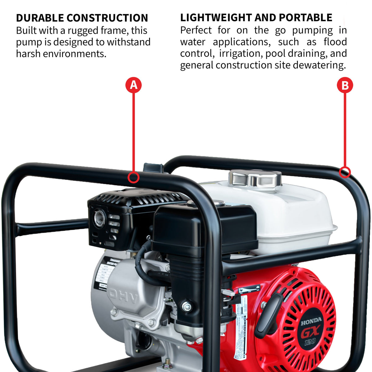2 Inch Trash Water Pump 164 GPM 3.5HP GX120 powered by Honda Portable Utility - view 6