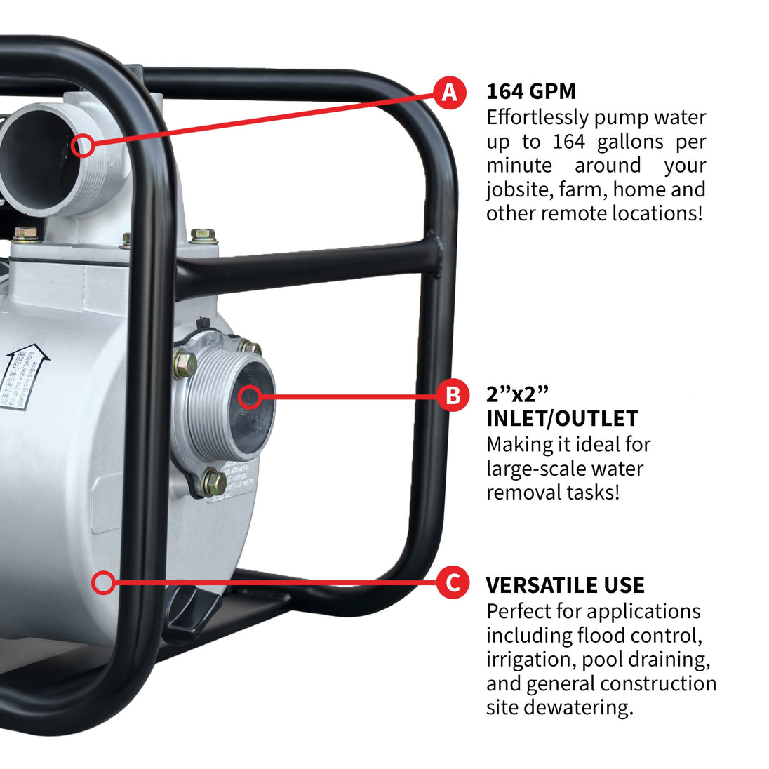 2 Inch Trash Water Pump 164 GPM 3.5HP GX120 powered by Honda Portable Utility - view 5