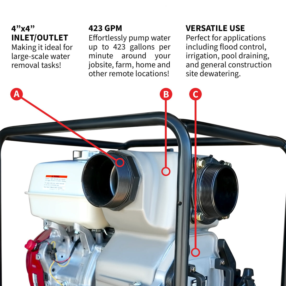 4 Inch Trash Water Pump 423 GPM 13 HP GX390 powered by Honda Portable Utility - view 4
