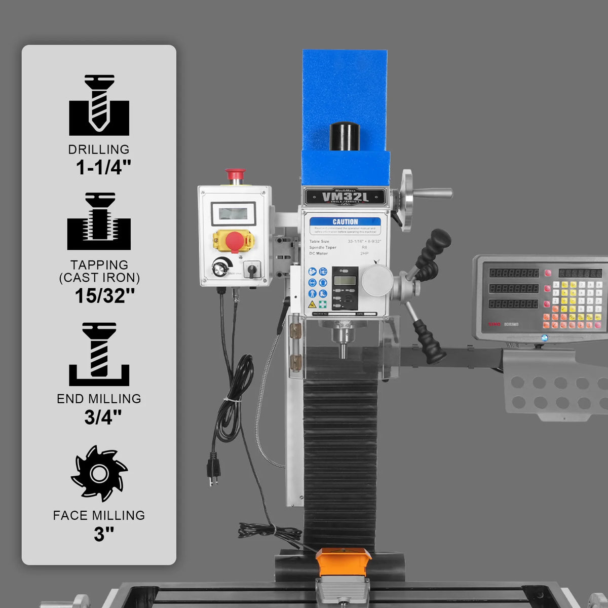 MechMaxx 8-1/4" x 33" Industrial Mill Drill Machine with DRO — 2HP, VM32LD