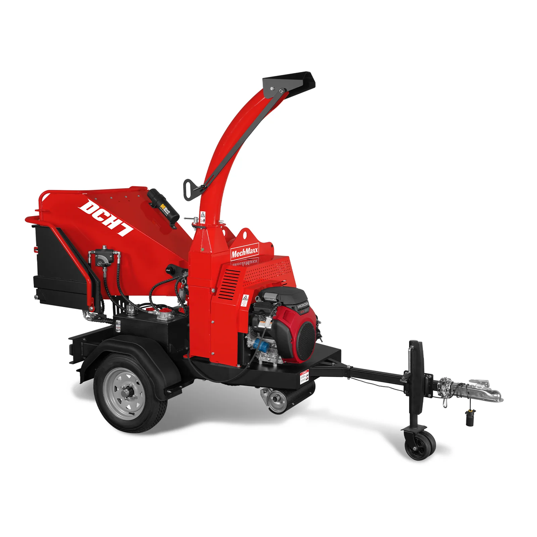 MechMaxx DCH7 7-inch Hydraulic-Feed Wood Chipper with Honda GX690 engine on trailer
