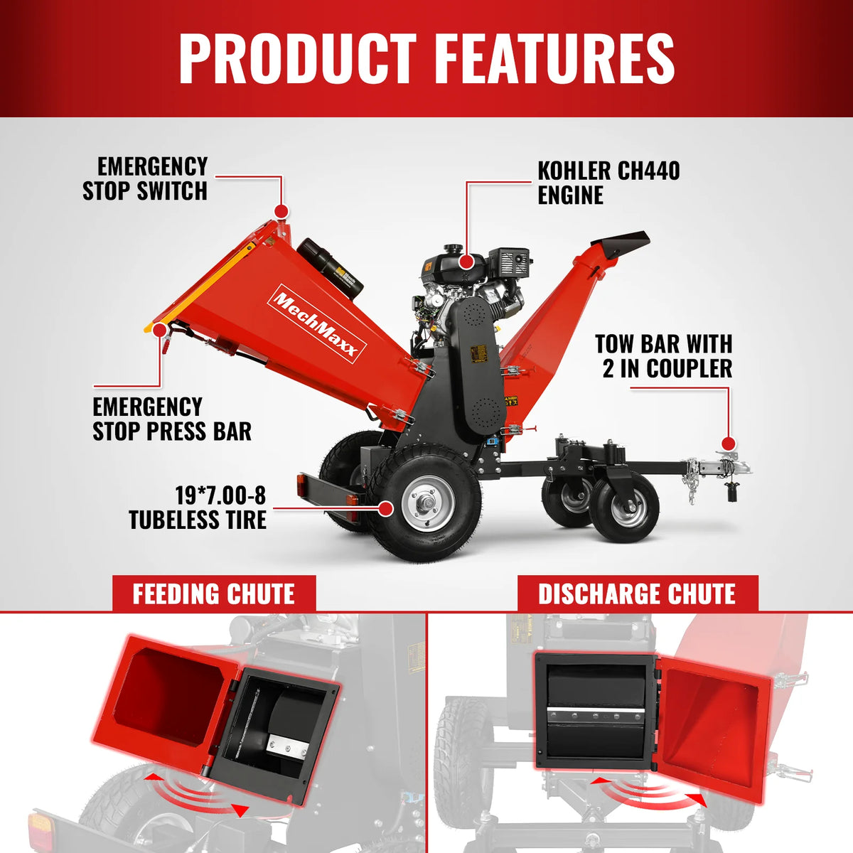 MechMaxx 6" Wood Chipper — Kohler 429cc, 4-Wheel Tow with Taillights